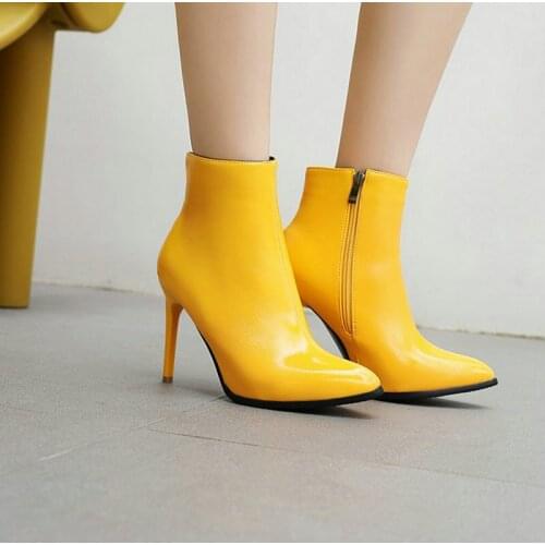 ZawsThia patent PU leather yellow blue winter shoes for woman 10cm super thin high heels stilettos booties sexy ankle boots lady