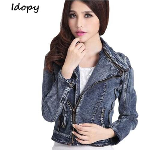 Idopy Women`s Motorcycle Denim Jacket Autumn Women Coats Black Lapel Zippers 2018 Womens Jackets and Coats