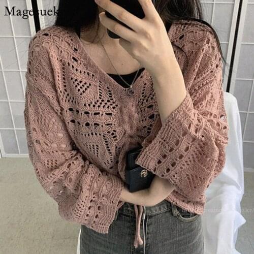 2021 Flare Sleeve V Neck Knitted Women Shirts Autumn Korean Women Tops And Blouses Drawstring Hollow Out Sexy Top Mujer 10194