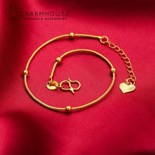 24K Gold Color Charm Bracelets For Women 2mm Bead Snake Chain Bracelet Pulseira Femme Wedding Jewelry Accesories Party Gifts