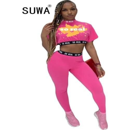 2021 New Arrival Summer Two Piece Set Women Workout Clothes Short Sleeve Crop T-Shirt Top Jogger Leggings Lounge Wear