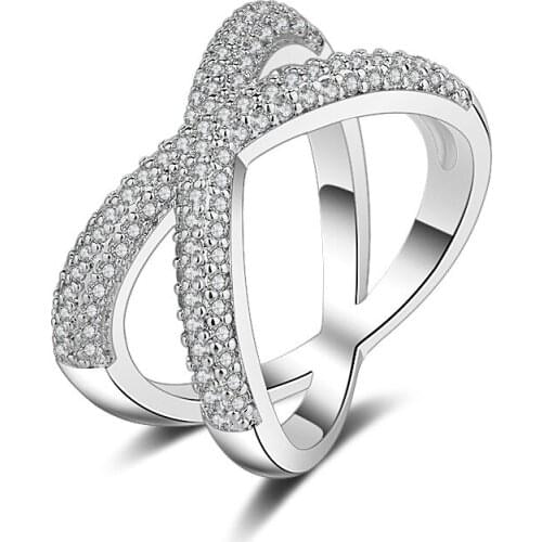925 Silver X Ring Simulated Diamond CZ Criss Cross Ring Eternity Engagement Wedding Band for Women