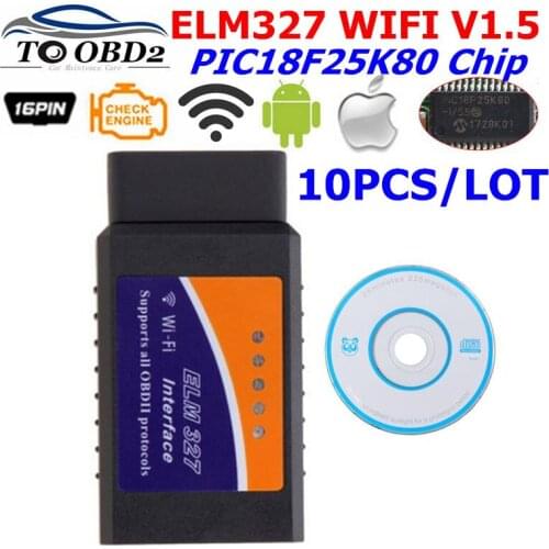 10pcs/Lot ELM327 WIFI V1.5 Hardware Code Reader Scanner ELM 327 1.5 with PIC18F25K80 Chip Supports Android/iOS/Windows System
