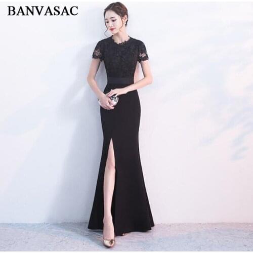 BANVASAC 2018 O Neck Lace Split Mermaid Long Evening Dresses Party Embroidery Cut Out Short Sleeve Sash Prom Gowns