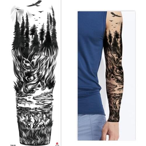 Large Arm Sleeve Tattoo Forest Wolf Fly Bird Waterproof Temporary Tatto Sticker Pagoda Tiger Totem Body Art Full Fake Tatoo Men