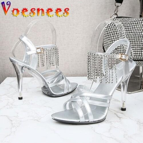 Fashion Simple Summer Women Shoes Cross Vamp Buckle Strap Daily Office Sandals Shiny Rhinestone Tassel Transparent High Heels