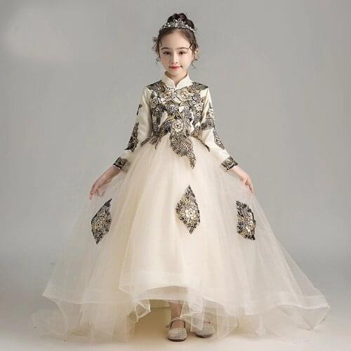 Flower Girl Dresses Long Sleeve Train Girls Ball Gown High Collar Embroidered Tulle First Communion Dresses for Girls