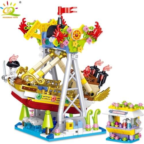 HUIQIBAO 525Pcs City Amusement Park Sea Rover Model Micro Corsair Building Blocks Mini Creativity Bricks Figures Toys Children
