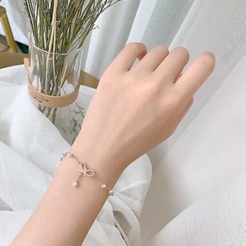 Dainty Gold Color Bowknot Pearl Pendant Bracelet for Women Cubic Zirconia Adjustable Bracelet Jewelry Gifts