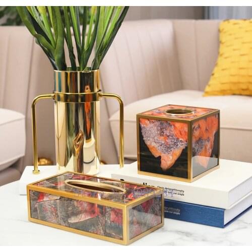 Creative bamboo tissue box Marble Gold Brass border napkin holder Desktop storage box living room Modern home decoration
