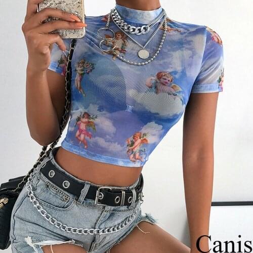 Summer Women Floral Angel Print Tshirt Transparent Bodycon Stretch Crop Top Female Mesh Sheer See Through T Shirt Tees