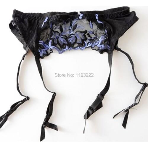 M L Sexy Lingerie Embroidry Lace Floral Blue Sheer Garter Belt 4 Suspender Buckle Shaper Mesh Stocking Clips