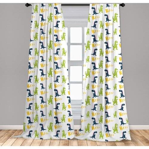 Multicolor Dinosaur Party Window Curtains Happy Cartoon Dino Reptile Rrrr Text on Plain Lightweight Decorative