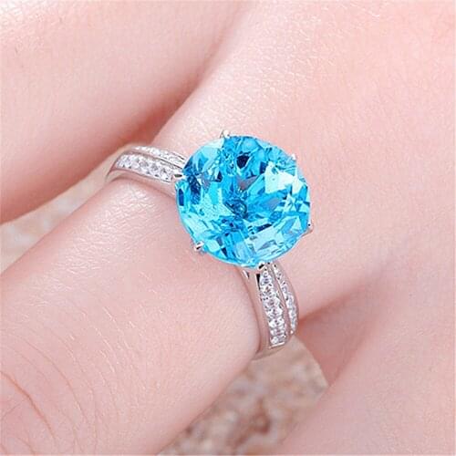 Fashion Blue crystal aquamarine topaz gemstones diamonds rings for women white gold silver color jewelry bijoux party accessory