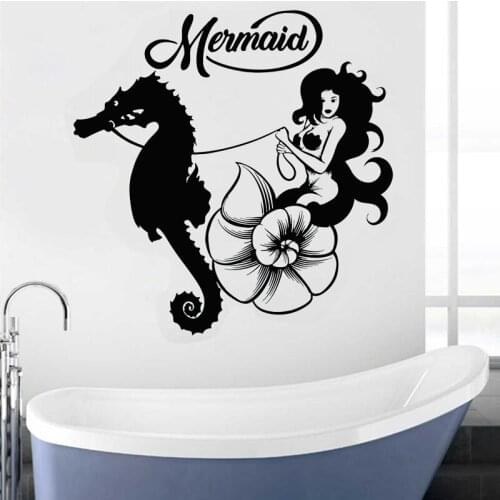 Mermaid Wall Sticker Nautical Seahorse Vinyl Decal Teens Girls Room Decoration Bathroom Stickers Waterproof Mural Creative Funny