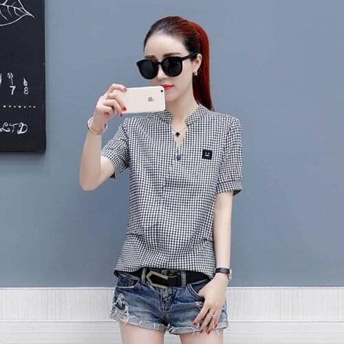 New Design Women Spring Summer Style Chiffon Blouses Shirts Lady Casual Short Sleeve Plaid Blusas Tops DD1919