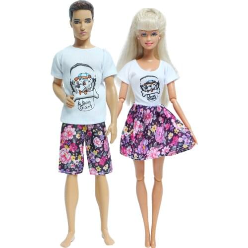 Mix Style 2 Pcs /Set Daily Casual Couple Dress Flower Pattern Boy Girl Clothes for Barbie Doll for Ken Doll Accessories DIY Toys