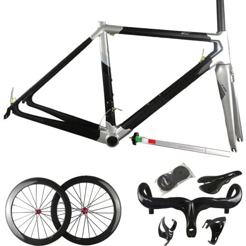Silver Black Road Bike C64 Frame Carbon Fiber Road Bike Frames Bicycle Frameset Wheelset 50mm With Novatec A271 Hubs