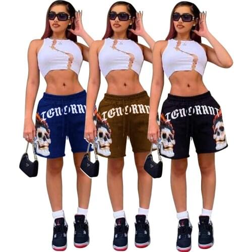 Summer fashion drawstring shorts womens mid-waist loose casual black sports pants skull print street punk hip-hop shorts