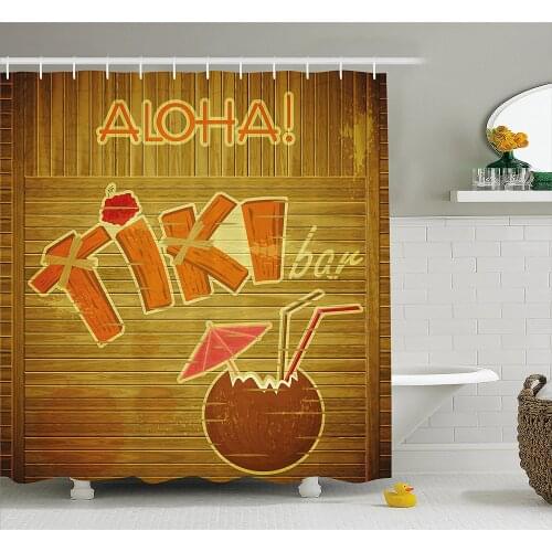 Tiki Bar Shower Curtain Wooden Planks Wall with Styled Tiki Bar Text Cocktail Hibiscus Aloha Bath Curtains For Bathroom Bathtub