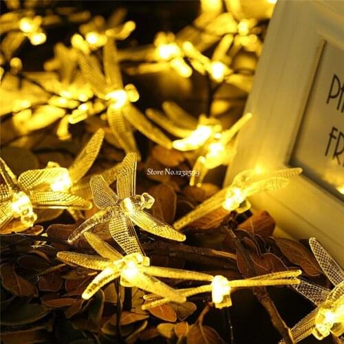 Outdoor Solar Led String light 19.7ft 6m 30 Led dragonfly solar panel strip light IP65 Waterproof Garden square decoration