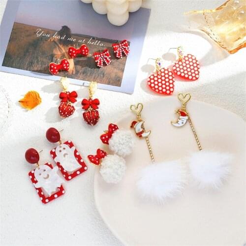 Vintage Hand-made Retro Hong Kong style Earrings Fashion Women Arylic Red Polka Dot Stud Earrings Sweet Bow Ball Dangle Jewelry