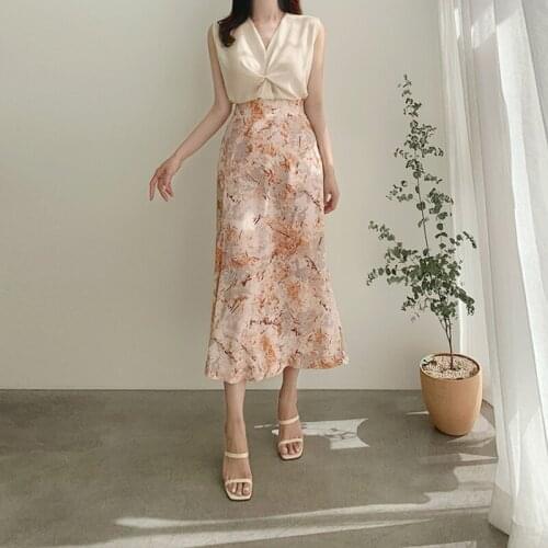 Floral Printed Long Midi Skirt Chiffon Zipper A-line High Waist Elegant Party Skirts Women Vintage Office Lady Split Skirt