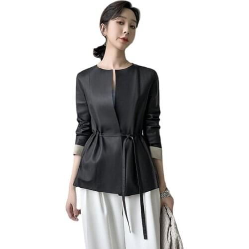 Real Sheepskin Leather Suede Coat Autumn Women Short Moto Cardigan Jacket Suit LF21007BM