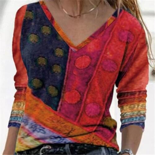 Autumn Women Printed V-Neck Shirt Bohemian Loose Arts Vintage Tees Oversized 5xl Pullovers Lady Striped Long Sleeve Tshirts Tops
