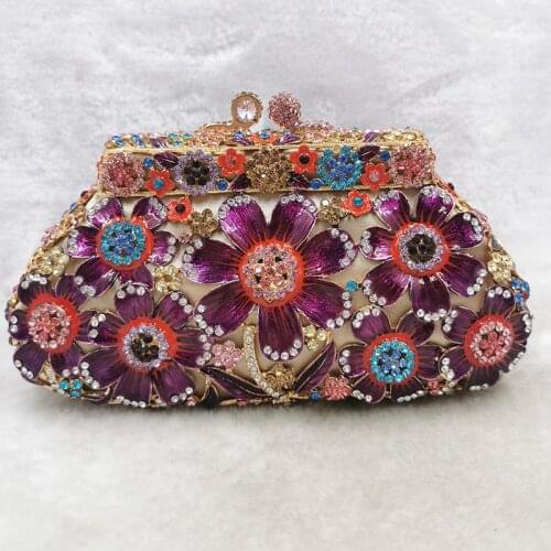 Purple/Blue Diamond Daisy Floral Women Shoulder Clutches Luxury Lady Crystal Chain Handbags Fashion Designer Female Minaudiere