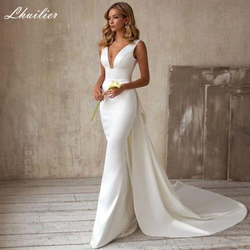 Lhuilier Womens A-Line Sexy V Neck Satin Wedding Dresses 2020 Sleeveless Floor Length Bridal Gowns with Detachable Train