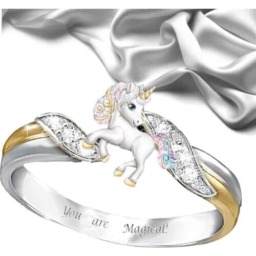 Colorful Unicorn Pattern Ring Paved Setting Crystal Silver Color Brand Ring Woman Wedding Engagement Finger Accessories Jewelry