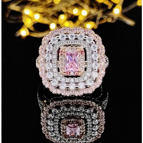 925 Sterling Silver Pink Multi Color Princess Cut Zircon Engagement Ring For Women Female Finger Lady Party Gift R4993