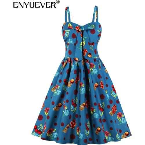 Enyuever Women Summer Dress Vintage Clothes Cotton Spaghetti Strap Bowknot Cherry Print Robe Pinup Swing Casual Dress Sundresses