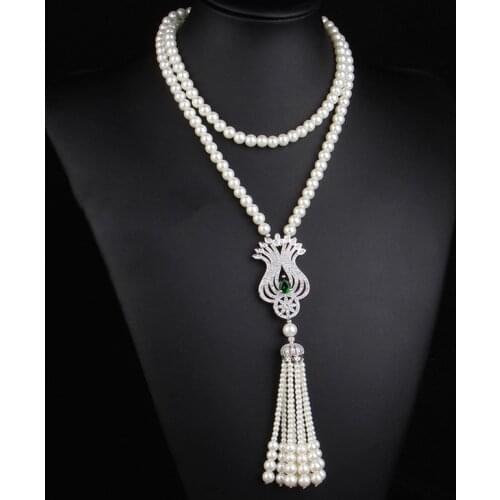 2017 Freeshipping Natural Shell Pearl Necklace Tulip Rhinestone Crystal Sweater Chain 171124-2