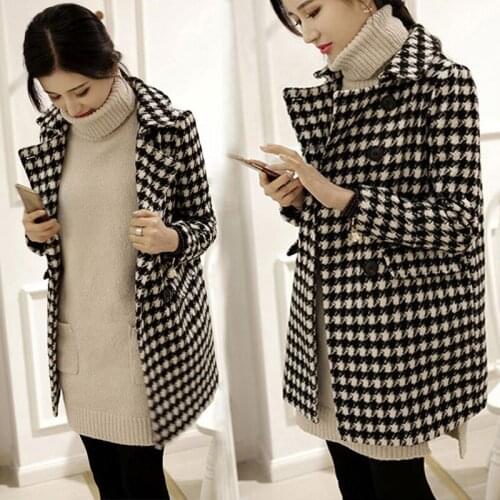 2021 Fashion Women Woolen Coat Warm Thicker Outwear Houndstooth Wool Coats Vintage Black White Loose Retro Plaid Female parkas