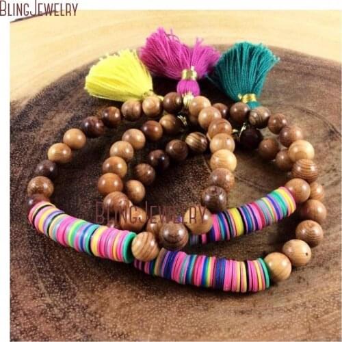 African Vinyl Tassel Stretch Bracelet with Bayong Wood Beads Bracelet BM26445