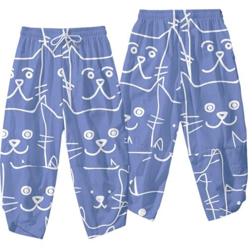 Men Harem Pants Cute Cat Blue Print Streetwear 2021 Hip Hop Casual Pockets Joggers Pants Male Harajuku Fashion Trousers