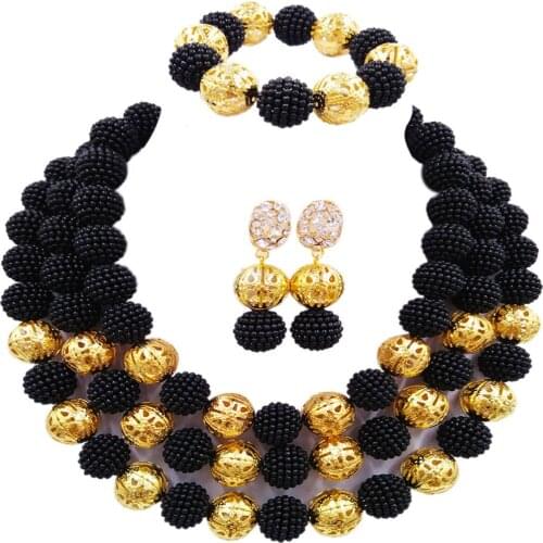 Black Costume Necklace Earrings Nigerian Beads African Jewelry Set Wedding Bridal Jewelry Sets 3ZZJS02