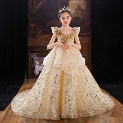 New Exquisite Appliques Design Children Luxury Sequined Birthday Party Evening Gown Kids Catwalk Wedding Princess Dress L1157