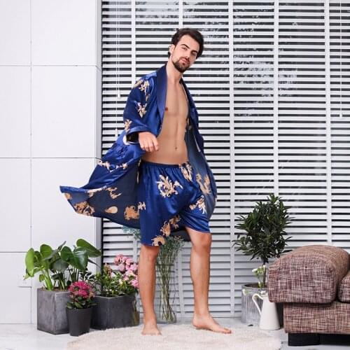 Bathrobe Shorts Two Piece Robe Set Silk Kimono Men Sexy Sleeprobe Soft Cozy Long-Sleeve Bath Gown M-7XL