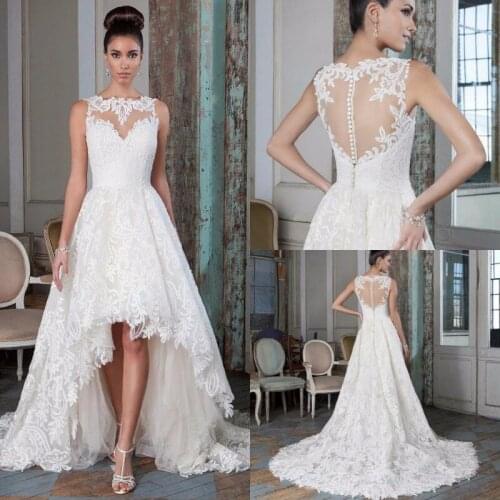 New Collection 2019 Lace China Wedding Dresses A-Line High Low Bohemia Dress Appliques Sexy Bridal Gowns Vintage Sheer Back