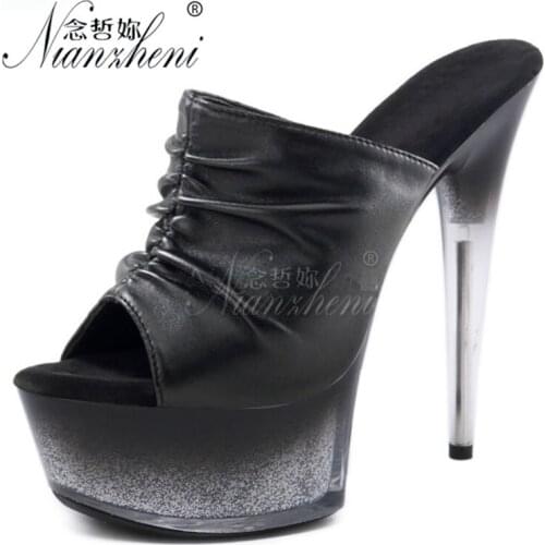 Models Stage Show Gothic 15CM Pleated Rivet Slippers Women Sexy High Heels Platform 6 inches Mature Punk Fetish Cross dressing