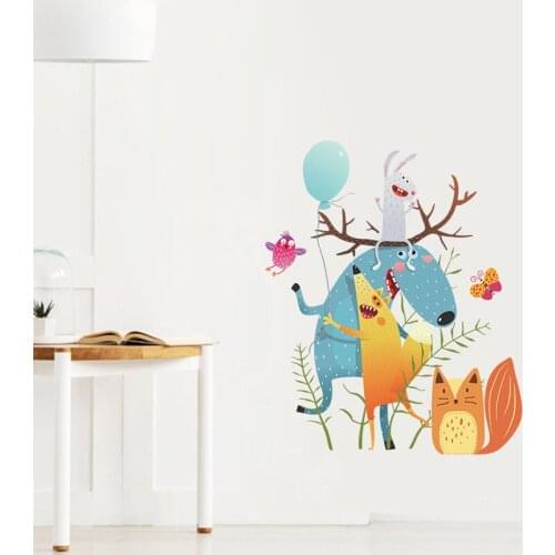 Cartoon animals hug Wall Stickers Fox Deer kids baby room wallpaper Bedroom living room mural Home decoration Removable sticker