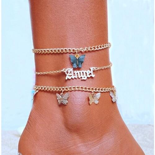Fashion Pink Butterfly Anklets Set For Women Cute Gold Letter Angel Chain Anklet Foot Ankle Bracelet Summer Beach Jewelry