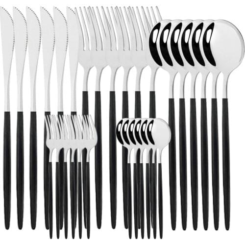 6/30Pcs Black Silver Dinnerware Set Stainless Steel Knife Cake Fork Spoon Cutlery Set Kitchen Tableware Flatware Set Wholesale
