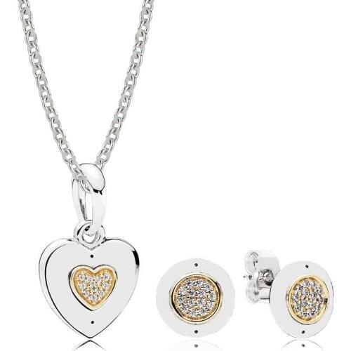 NEW Book Di 100% 925 Sterling Silver 14K gold color Signature Necklace and Earring Set fit charm Necklace jewelry A Set