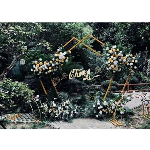 New wedding props, iron pentagonal shelves, geometric special-shaped arches, decorative flowers on the background of the wedding