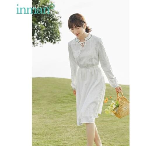 INMAN Autumn Womens Dress Small V-Neck Tether Frills Flower Collect Waist Elastic Cuffs Fresh Elegant Style Overknee One Piece