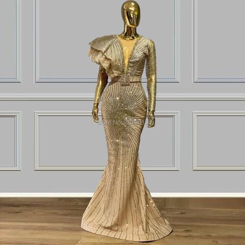 Champagne African Luxury Mermaid Evening Dress Floor-length Metal Spraying Prom Dress Sash Robe De Soiree Aibye Middle East